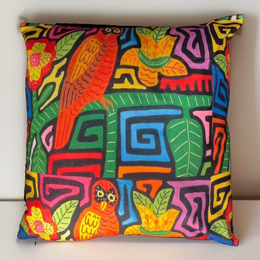 Mola de Panama Plush Throw Pillow 17x17 Tropical Bird Colorful Floral Boho Decor